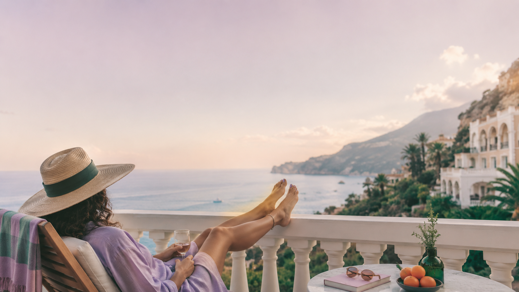Woman in a straw hat relaxing on a balcony overlooking a sunset coastline